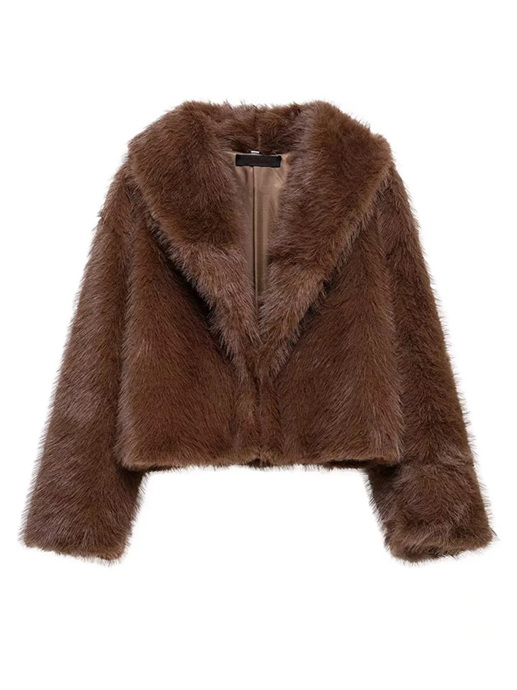 Vintage Brown Fluffy Faux Fur Short Coats Women Loose Lapel Buckle Jacket 2024 Winter New Lady High Street Warm Thick Outwear 5
