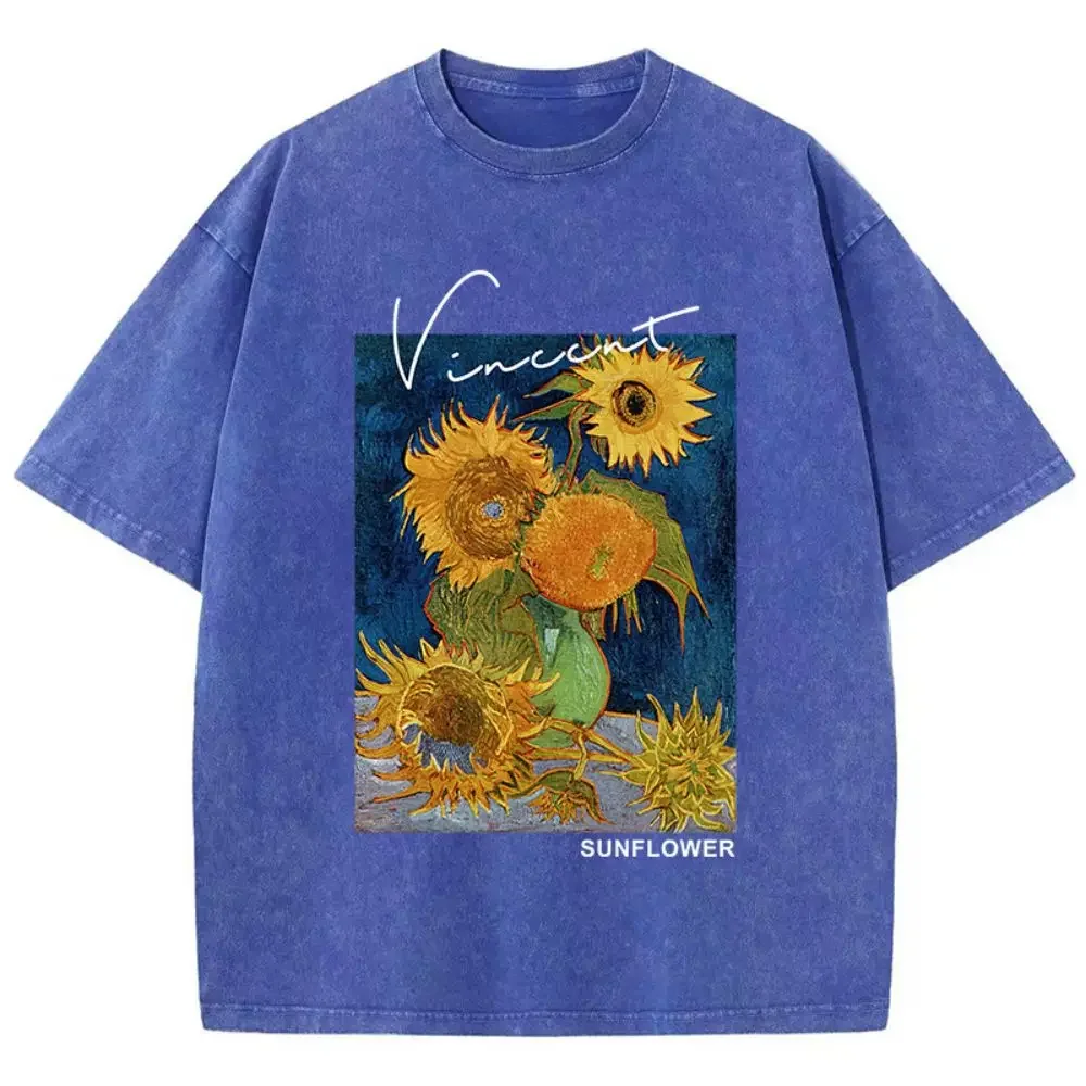 Lässige, gewaschene T-Shirts aus Baumwolle, Van-Gogh-Sonnenblumendruck, kurzärmelig, O-Ausschnitt, atmungsaktiv, weiche Oberteile, modische Kleidung