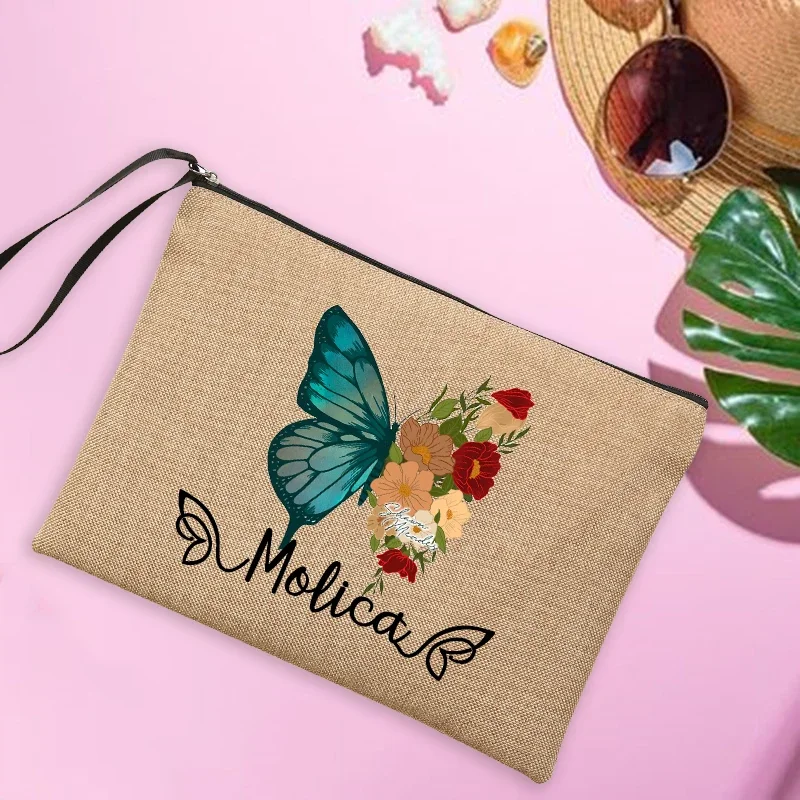 Bolsa de maquillaje con nombre personalizado para mujer, bolso de mano de lino de viaje con mariposa, protector solar para gafas de sol de playa, bolsas de almacenamiento, regalos