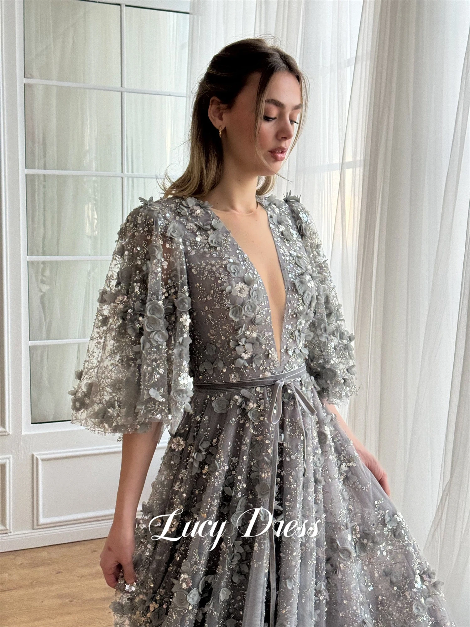 green emerald velvet dress A Line V Neck Backless Tea Length Gray Lace Prom Dresses, Grey Lace Fo –  jbydress main image 0