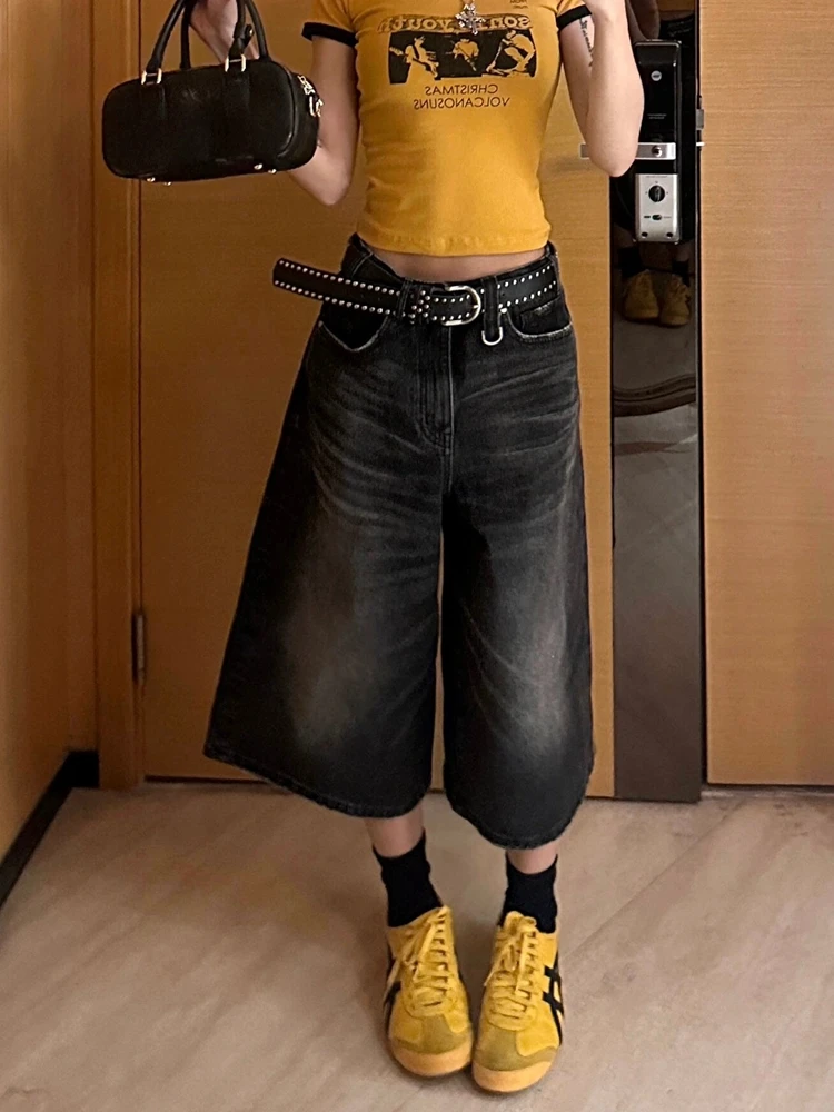 

ADAgirl Black Calf-Length Shorts Jeans Women Streetwear Vintage Oversize Wide Leg Denim Pants Y2k Causal Do Old Summer Bottoms