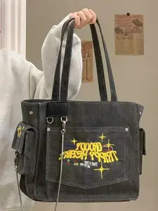 Портативная холщовая Ретро сумка-тоут с вышитыми надписями, винтажный вместительный саквояж на плечо для подмышек, женская сумка для покупок