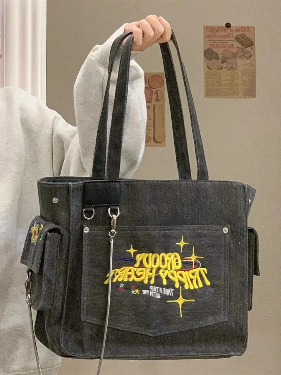 Washed Canvas Embroidered Letters Portable Retro Vintage Tote High