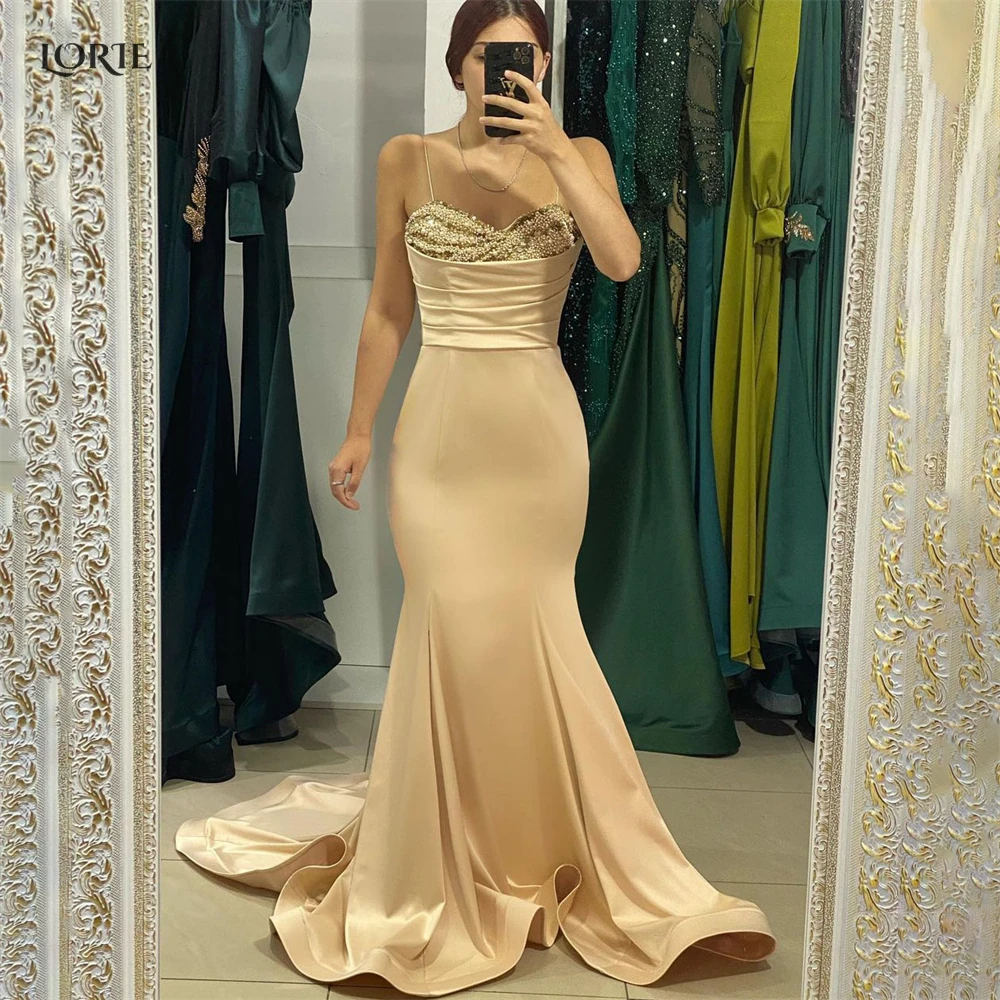 

LORIE Gold Yellow Mermaid Evening Dresses Beadings Shiny Satin Spaghetti Straps Bride Prom Dress Arabia Dubai 2022 Party Gowns