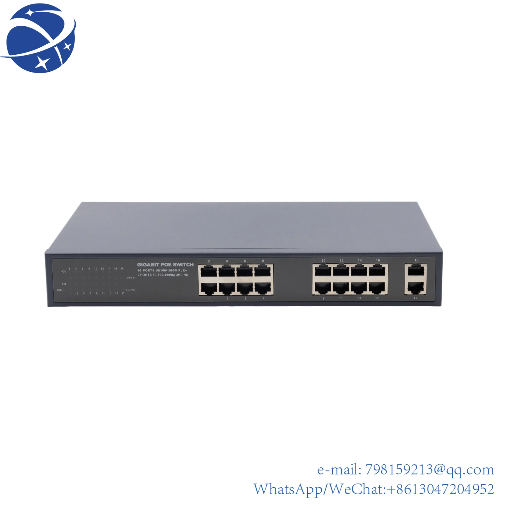 

yyhcyyhcFull Gigabit 16 POE port Enterprise Ethernet switch for ip camera with 2-port 1000M RJ45 uplink Rackmount Network Switch