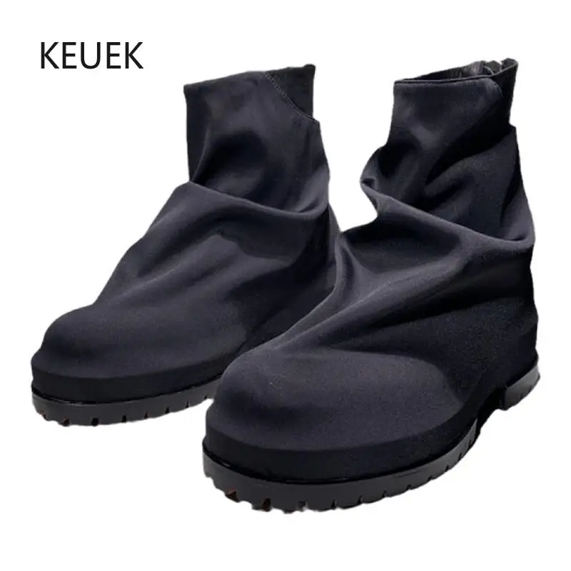 

New Men Ankle Boots Black Fashion Pleated Canvas Zip High Top Vintage Thick Sole Height Increasing Work Shoes Male Botines 5C