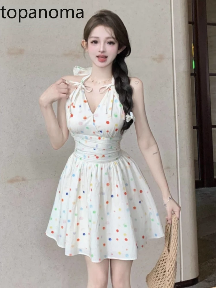 

Topanoma Sexy Sweet Party Dresses Women Polka Dot Sleeveless Halter V Neck Bow Bandage Backless Cocktail Evening Dress Birthday
