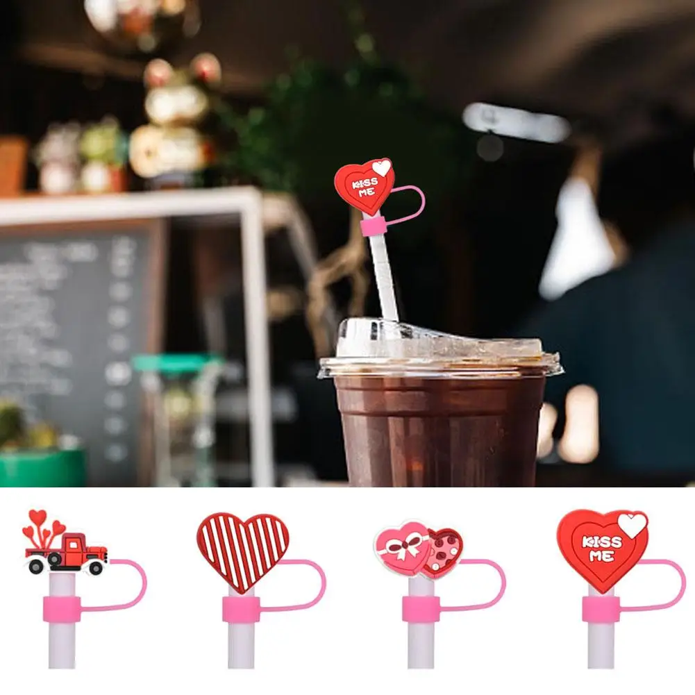Valentine's Day Straw Cover Cap Silicone Drinking Crest Cup Drinking Plugs Decor Cap Glass Straw Hat Dust Proof R2N4