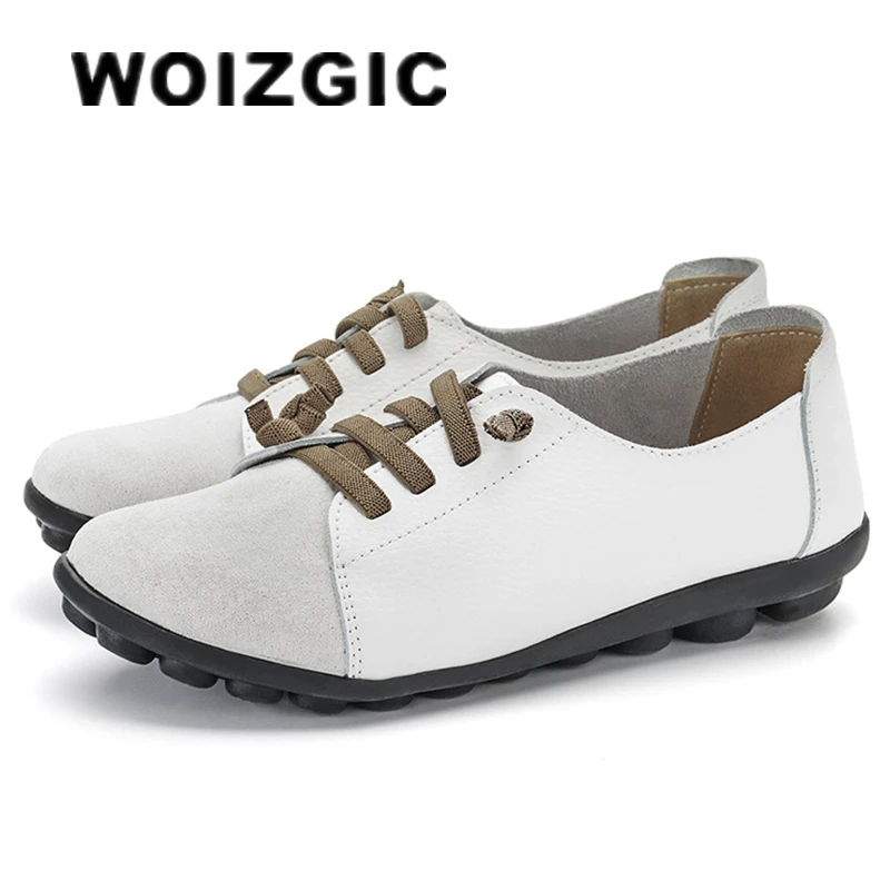 WOIZGIC Women's Genuine Leather Mother Ladies Shoes Flats Loafers Ballerina Lace Up Soft Moccains Plus Size 43 44 MX-052 women shoes