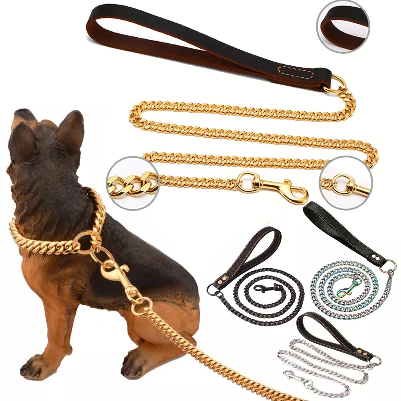 Collar Dorado Y Correa De Plomo Para Perros Grandes: Elegancia Y Control Con Mango De Cuero Negro
