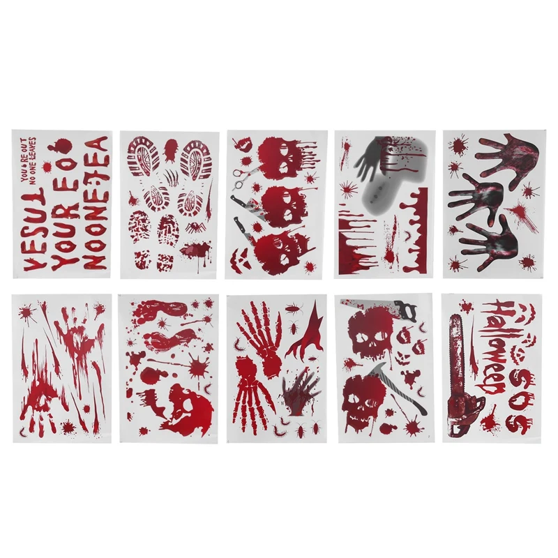 10 Models Bloody Halloween Decorations Window Stickers Horror Decals Bloody Handprint For Halloween Party Decorations