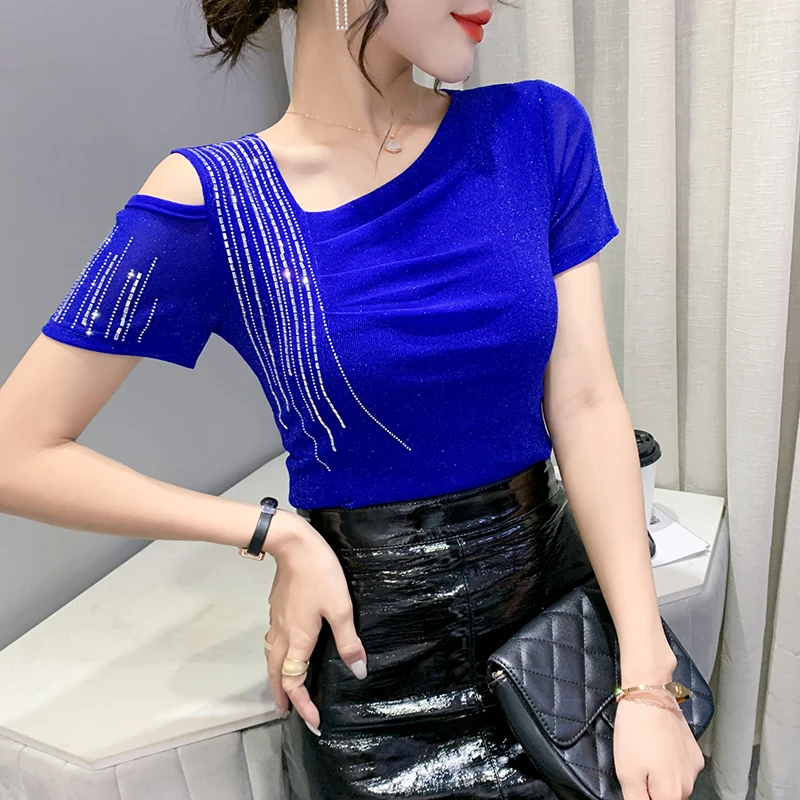 New Summer Korean Style Mesh T-Shirt Chic Sexy Skew Collar