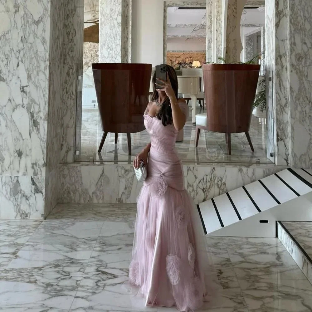 Customized Mermaid Evening Dress Gorgeous Tulle Prom Dresses Flower Formal Occasion Off The Shoulder Party Gown Robe Soiree 2