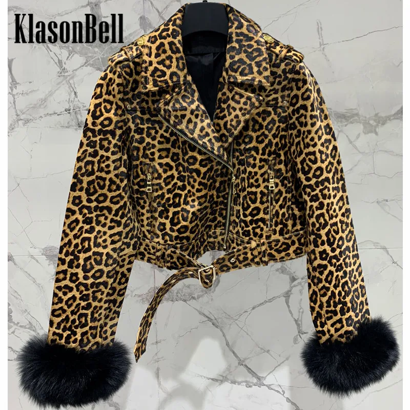 

8.16 KlasonBell Fox Fur Cuff Patchwork Fashion Temperament Leopard Print Horsehair Genuine Leather Short Jacket Women