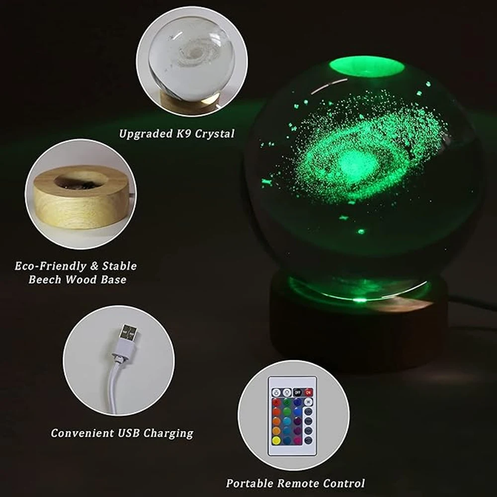 은하 시스템 3 조각 크리스탈 볼 야간 조명, 소년 소녀 친구 생일 선물, 크리스마스 침실 장식