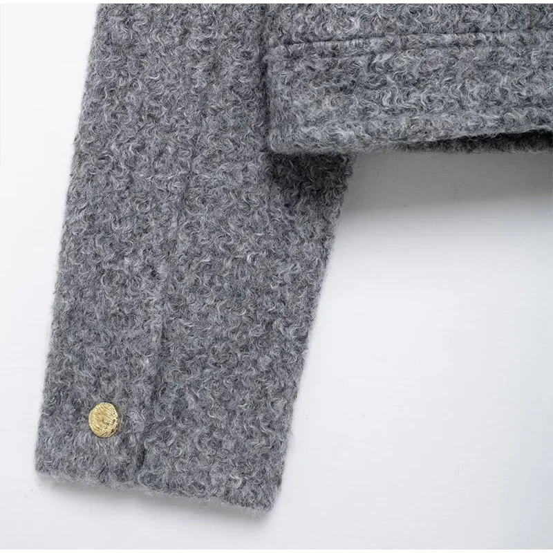 Elegant Woolen Blends Coat For Women O-neck Metal Button Gray Long Sleeve Pockets Jackets Autumn Lady High Street Outwear