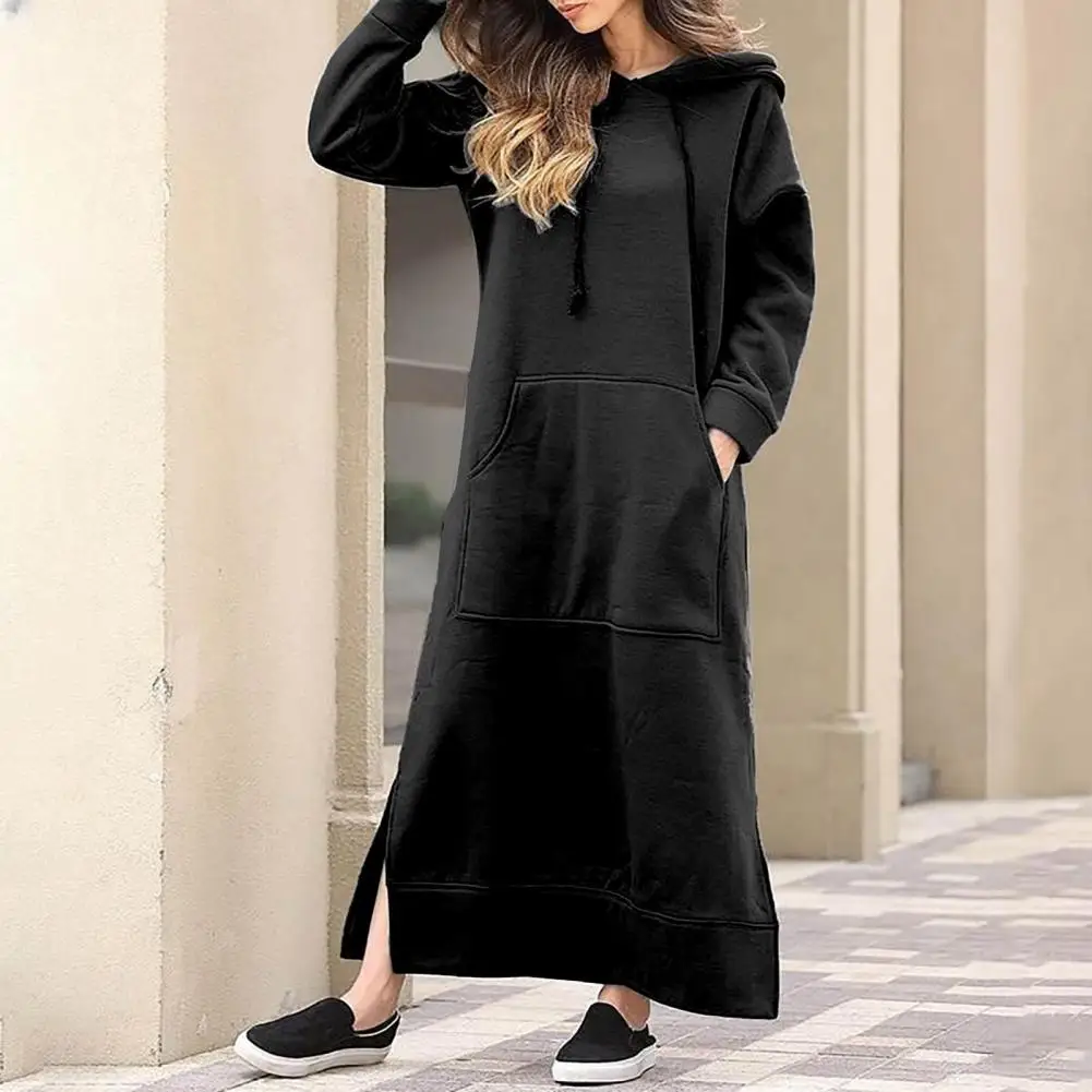 

Solid Color Sweatshirt Dress Women's Autumn Winter Hooded Sweatshirt Dress with Drawstring Front Pocket Side Split for Casual