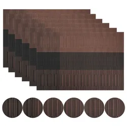 Elegant Black Woven Vinyl Placemats and Coasters Set - Non-Slip, Washable Dining and Kitchen Table Accents (Set of 6) - 30x45cm (Coffee)