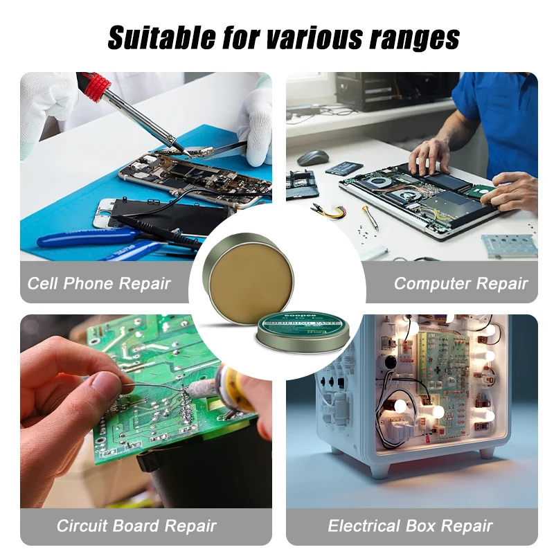 Pâte à souder colophane 100g à côté d'un fer à souder et de composants LED sur PCB.