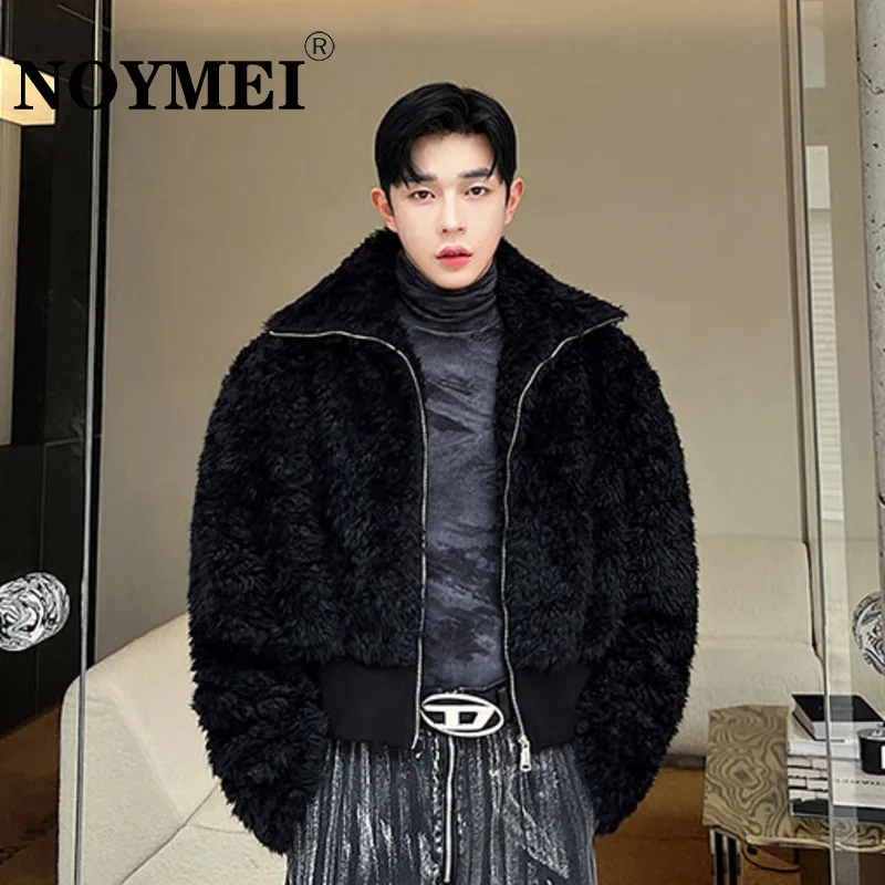 

NOYMEI Retro Style Men All-match Jacket Solid Color Black Turn-down Collar Design Lamb Wool Short Casual Coat Handsome WA3362