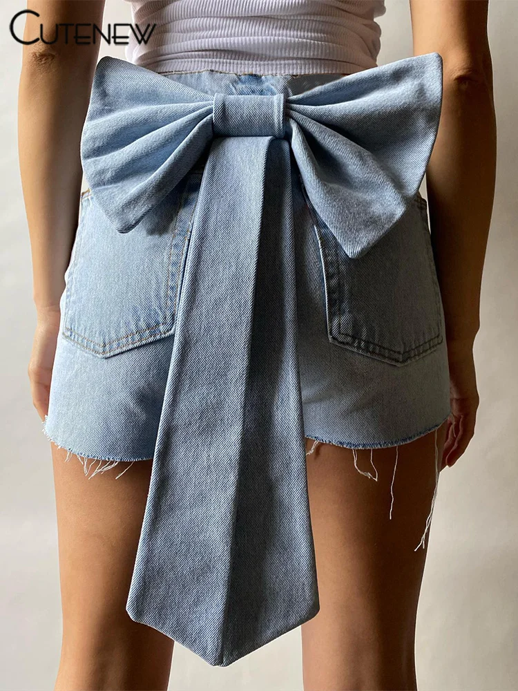 

Cutenew Denim Women Shorts Popular Bow Appliques Tassel Trim Classic All-matched High Waist Bottoms Girls Basic New Streetwear