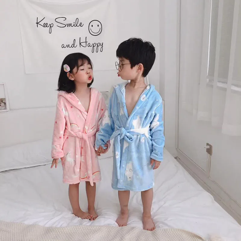 Children Flannel Pajamas Thickened Warm Bathrobe Boy Robe Cartoon Hooded Girls Long-Sleeved Nightwear Sleepwear