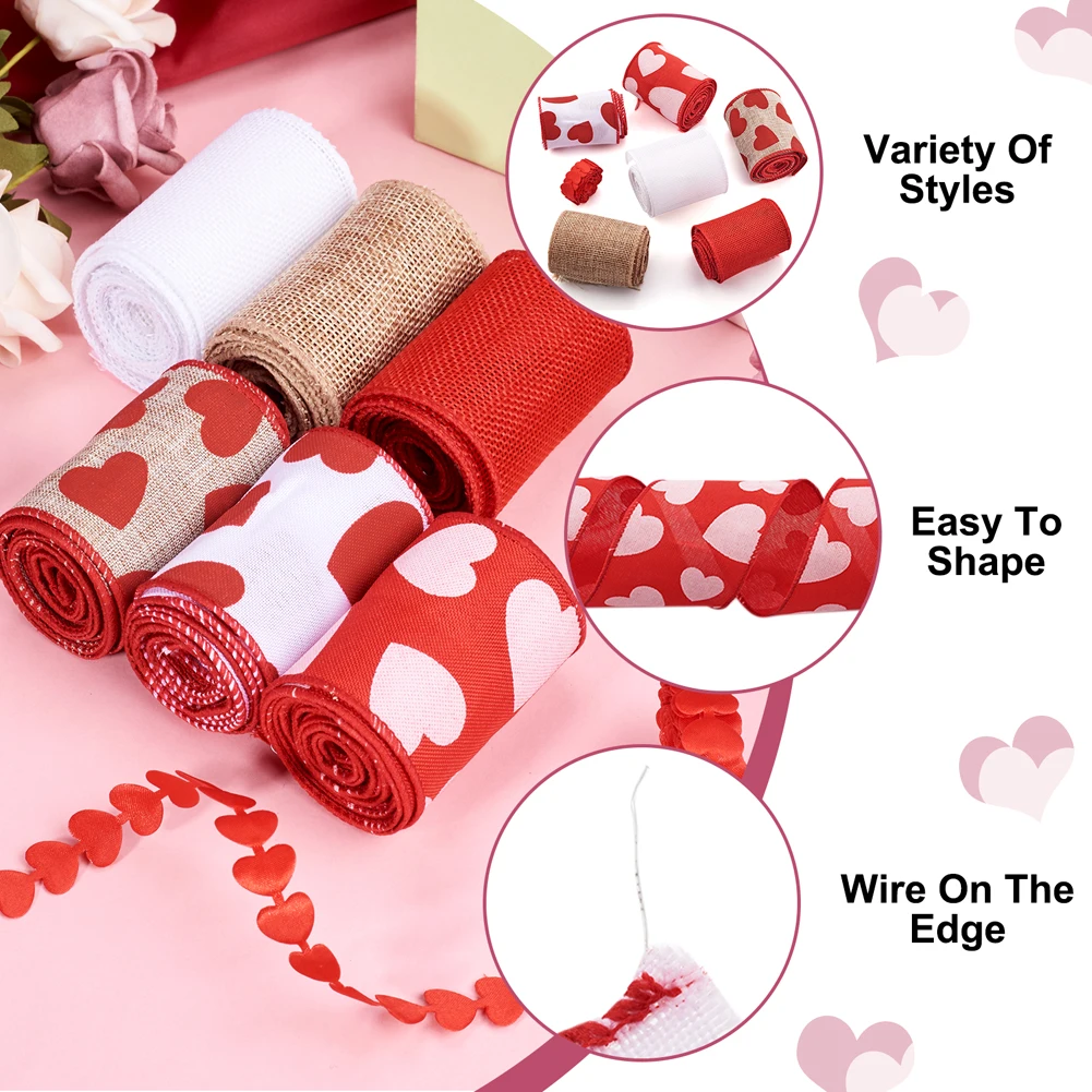 2m/style 7 Styles Heart Polyester Ribbon with Metallic Wire Twist Ties for Wedding Home Decoration Gift Wrapping Accessories