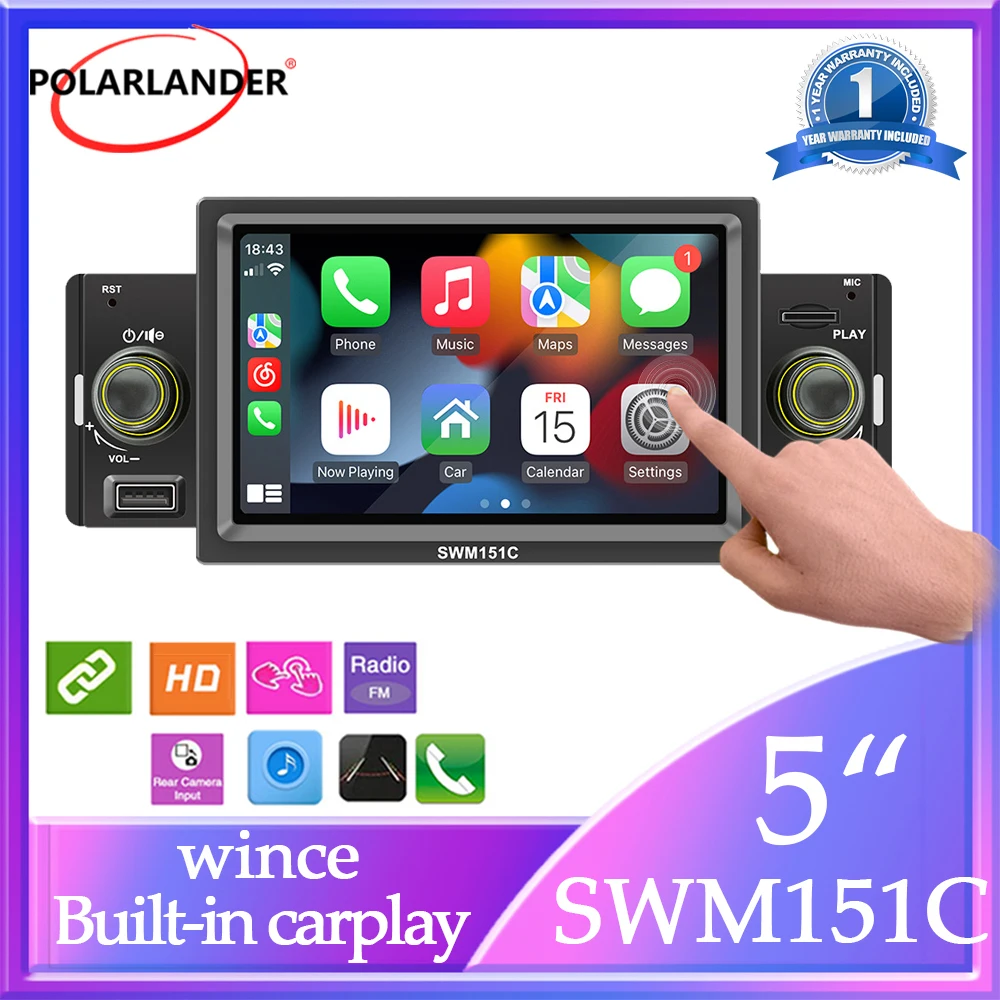 

Car Multimedia Player MP5 USB SD TF Hands-free Android Auto/Apple CarPlay IPS Touch Screen Mirror Link FM 1 Din 5' Bluetooth