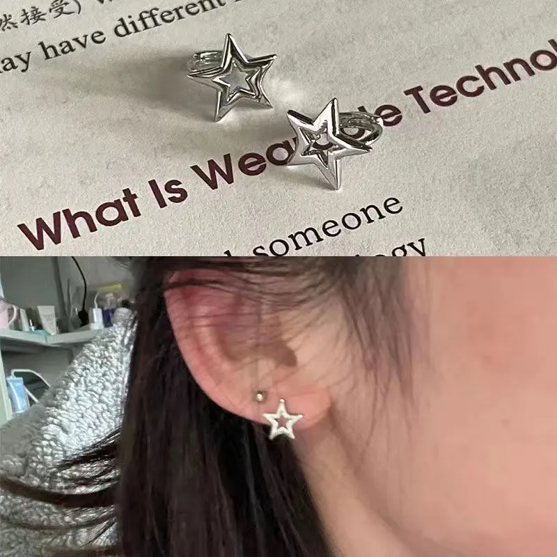 

Elegant Star Silvery Gold Color Stud Connected Earrings Women White Zircon Rhinestone Fashion Jewelry Girls Gifts