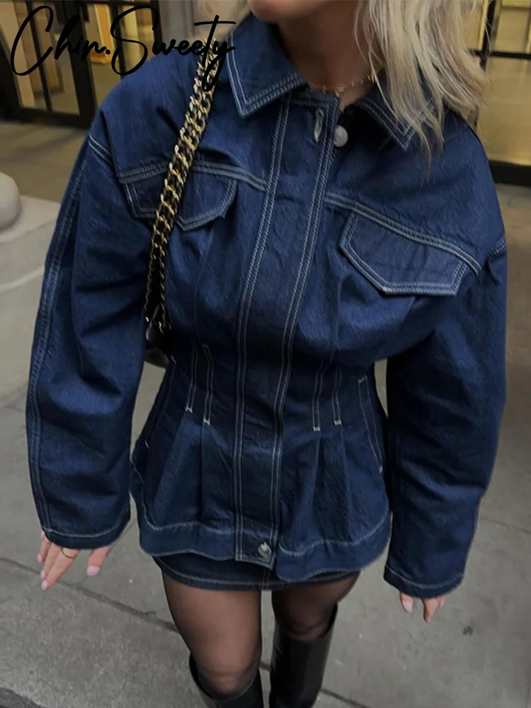 Vintage Washed Denim Women Shirt Slim Lapel Full Sleeve Single Breasted Female Jackets 2025 Spring Fashion Lady Outerwear
