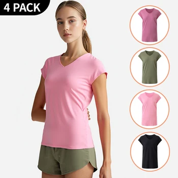 4/1 Piece Summer Autumn Women's Solid Color Basic Versatile Short Sleeved T-shirt Casual Sports Running Fitness Small V-neck Top 1