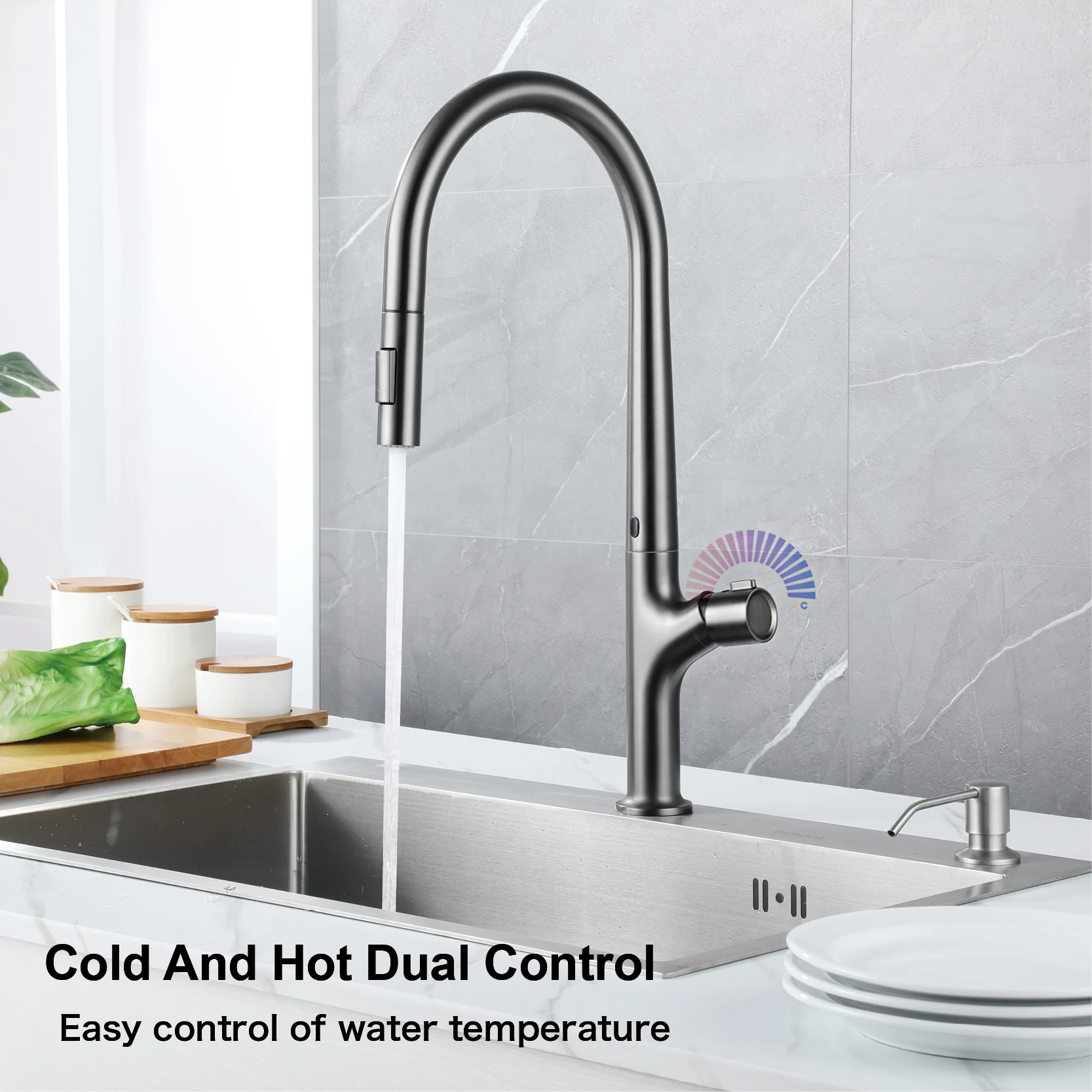Modern style gun gray pull-out kitchen faucet with 1 handle for hot&cold water intelligent sensing and 2 functions for sink Tap 2