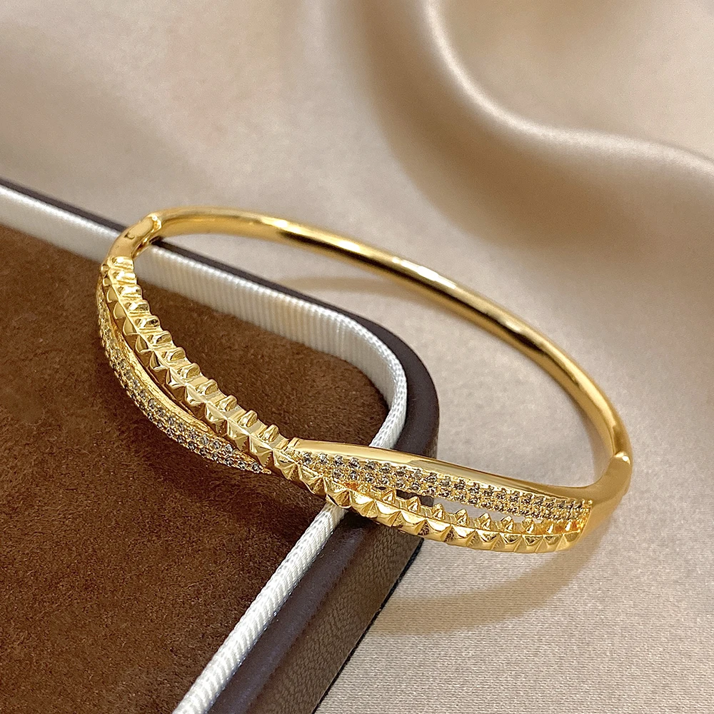 Elegant Zircon Geometric Stackable Cuff Bangle with Rhinestone Charms