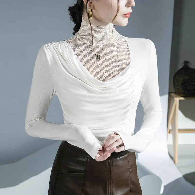 

2023 New Autumn and Winter Temperament Casual and Simple High Neck Mesh Spliced Pleated Long Sleeve Women's Commuter Bottom