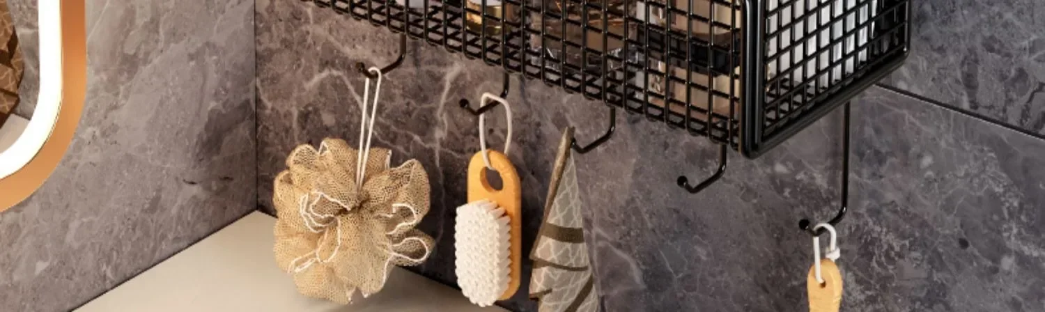 Close-up of no drill storage shelf holding shampoo and shower gels