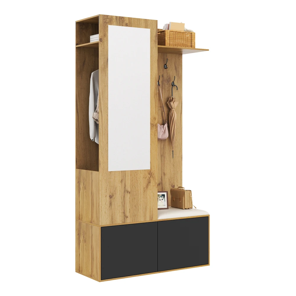 Das Kleiderschrank-Set enthält 5 Kleiderhaken, ein Spiegel, ein Schuhschrank, ein oberes Regal mit verstecktem Hängebereich und einer Kleiderschrankbank – Detail 1