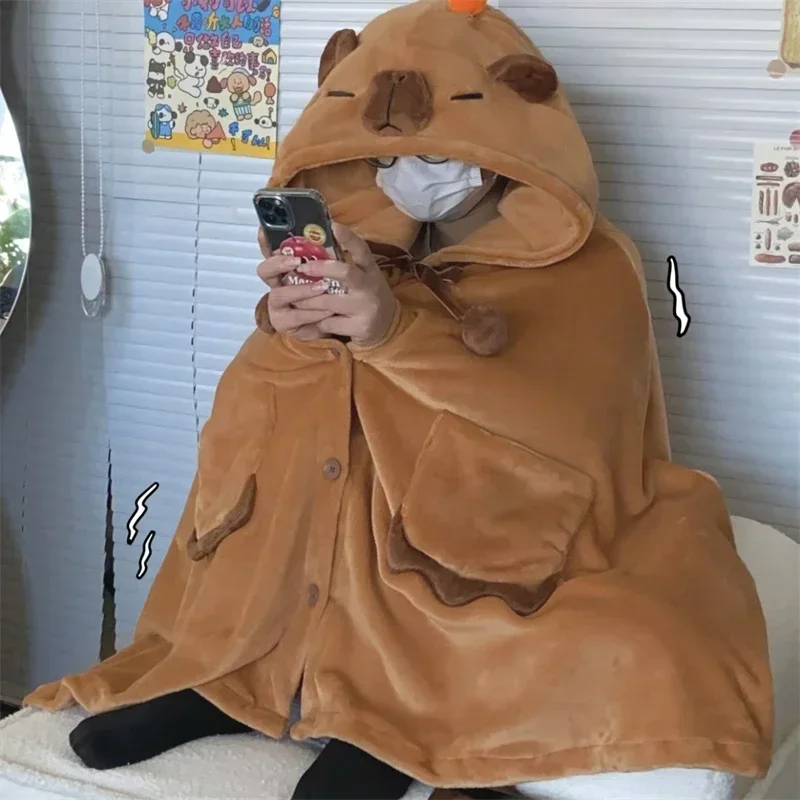 Cartoon Capybara Wearable Hooded Blanket for Adult Soft Warm Flannel Cute Capybara Hoodie Shawl Throw Cloak Wrap for Home Office