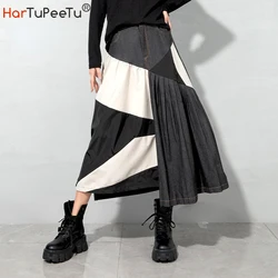 Spring Autumn Female Long Skirt Patchwork Colour Block Asymmetrical a Line Streetwear Women Mid Calf Pleated Skirts 2022 Spring Autumn Female Long Skirt Patchwork Colour Block Asymmetrical a Line Streetwear Women Mid Calf Pleated Skirts 2022