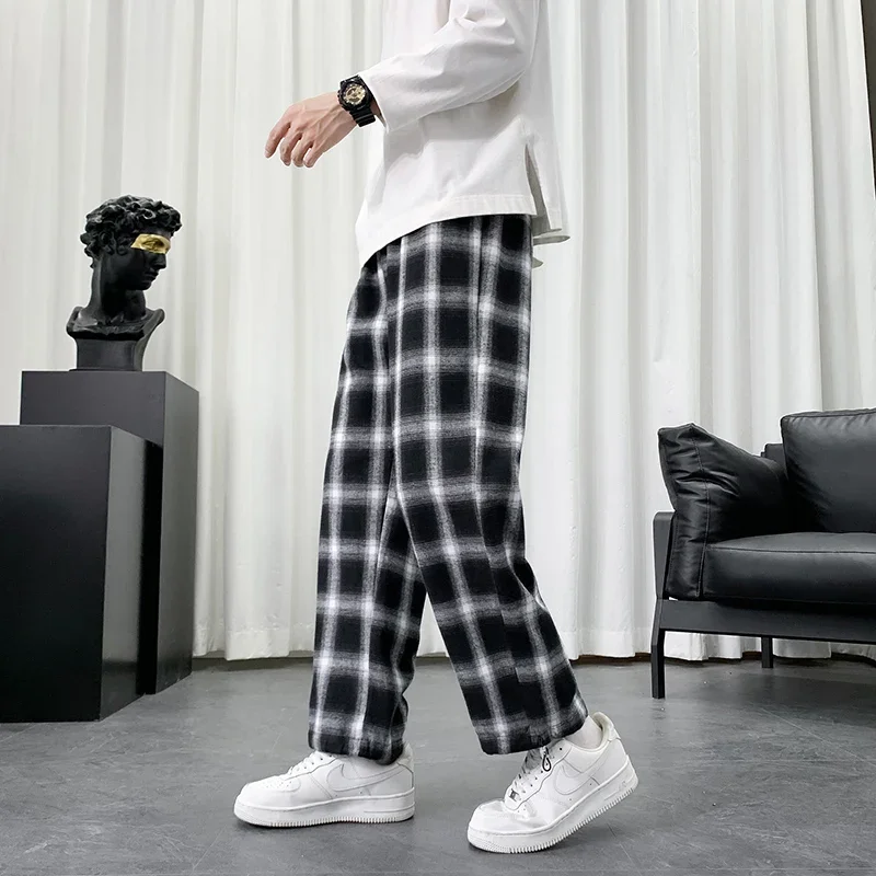 Korean Plaid Drawstring Pants Men Plaid Black And White Plaid