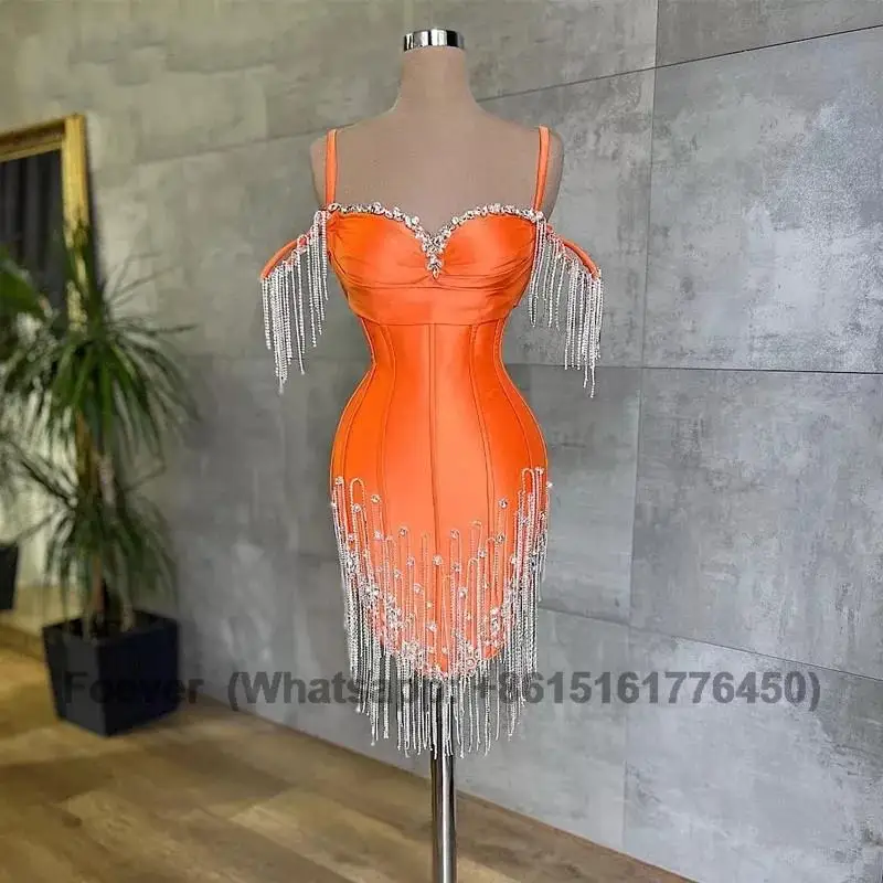 

Orange Mermaid Short Prom Dresses Luxury Crystals Tassel Mini Cocktail Dress for Black Girls Graduation Birthday Party Gowns