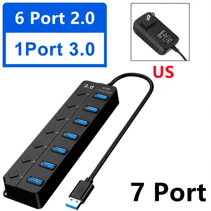 High-Speed 7-Port USB 3.0 Hub with Individual Power Switches and LED Indicators