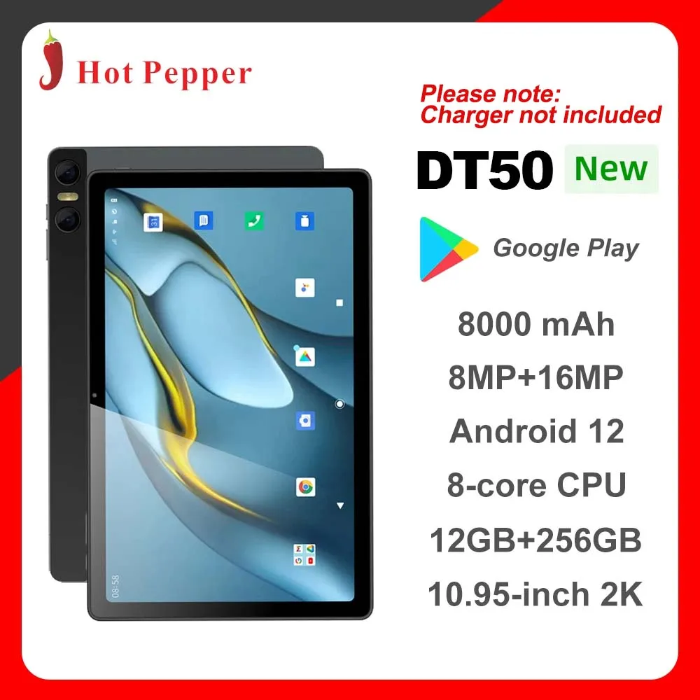 Планшет Hot Pepper DT50, 8 ГБ ОЗУ + 256 Гб ПЗУ, 10,95 дюйма, 2K IPS, Full HD, MT8183, 8 Мп + 16 МП, 8000 мАч, Android 12, двухдиапазонный, Wi-Fi, GPS планшет android 12 pad p60 экран 10 1 дюйма 2000 1200 8 гб озу 256 гб пзу 8000 мач камера 13 мп 5 мп двойные wi fi планшеты