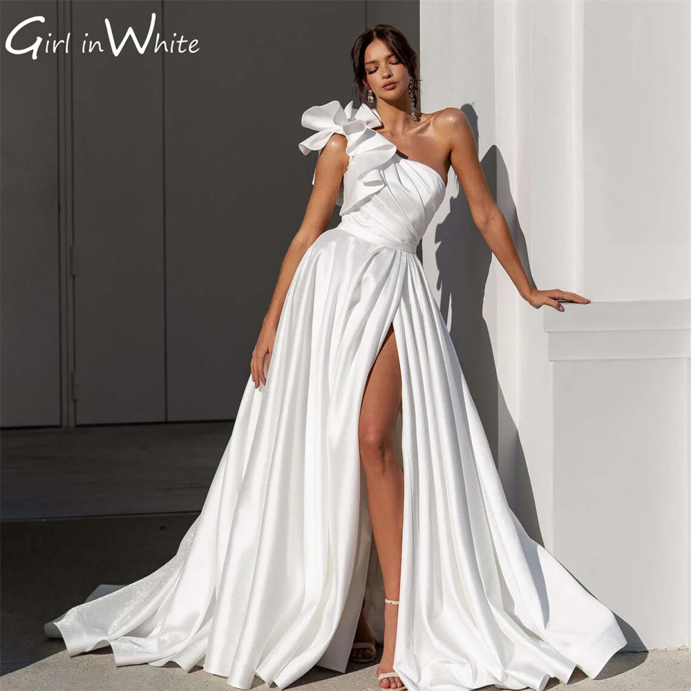 

New Modern A Line Satin Wedding Dresses One Shoulder Bridal Gowns High Side Slit Pleated Bride Robes Backless Vestidos De Novia