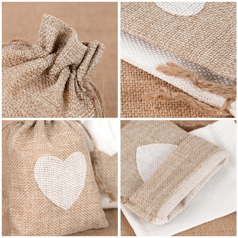 10Pcs Heart Jute Drawstring Bags For Wedding Birthday Party Decor Jewelry Pouches Natural Linen Burlap Candy Gifts Packaging