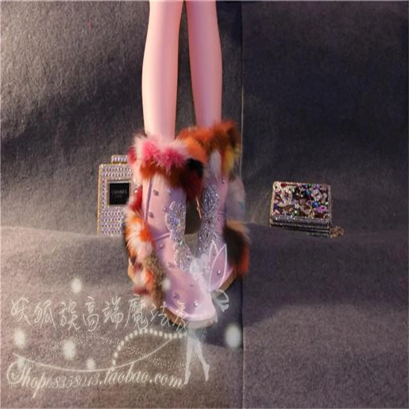 

Original design color matching fox hair rhine-diamond snow boots super hot net red inside high warm boots 35-44