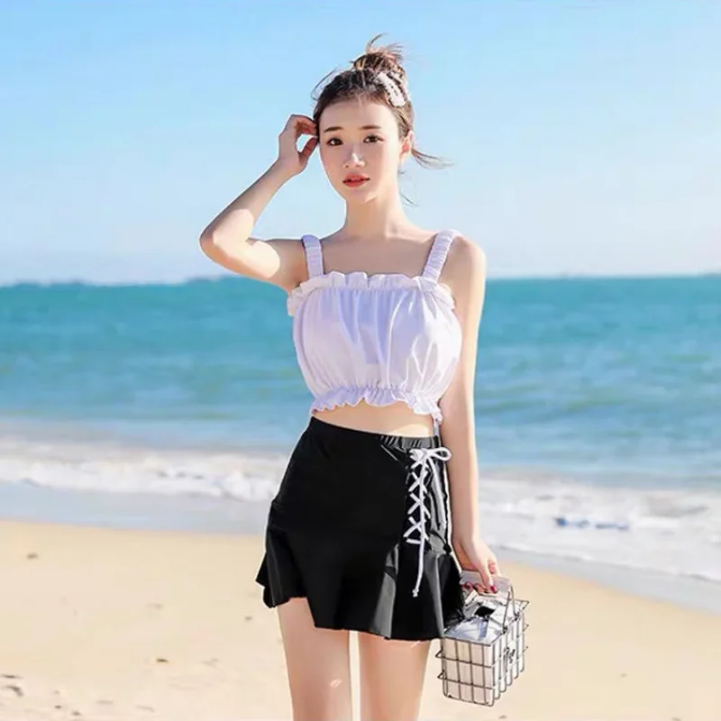 

Female Conservative Cover Belly 2 Pcs Swimsuit Resort Hot Spring Skirt Split Swimsuit Bubble Sleeve Swimsuit Cute Swim Skirt