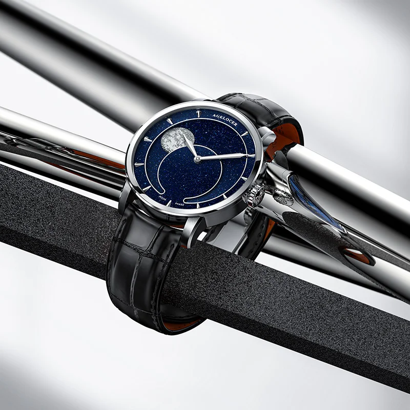 AGELOCER Original Astronomer Watch Blue Aventurine Dial Men's Luxury Automatic Mechanical Moon Phase Watch Birthday Gift for Men 5