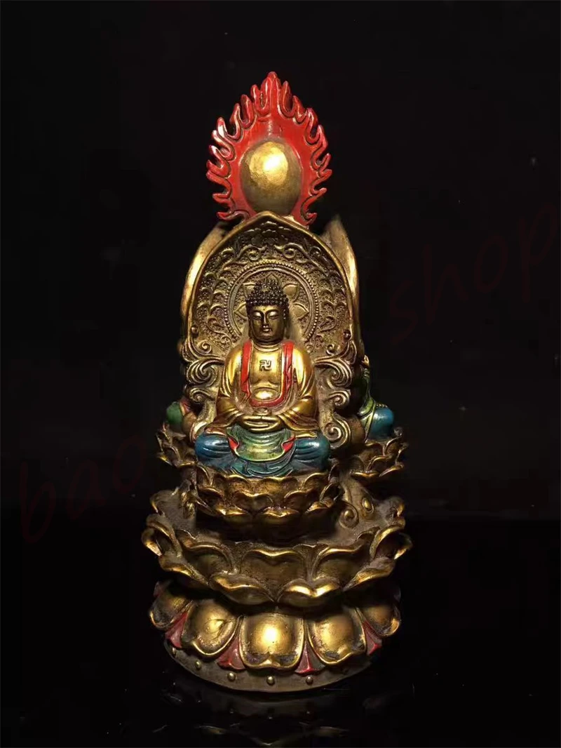 

Pure copper painted three sided Buddha statue ornaments, exquisite home religious Buddha statue ornaments, Tibetan Buddha orname