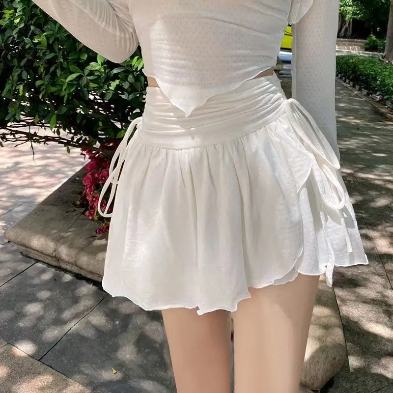 Sexy Cute White Mini Skirt Women Drawstring Folds High Waist Irregular Ruffle Patchwork Short Skirts Mori Girl drawstring dress