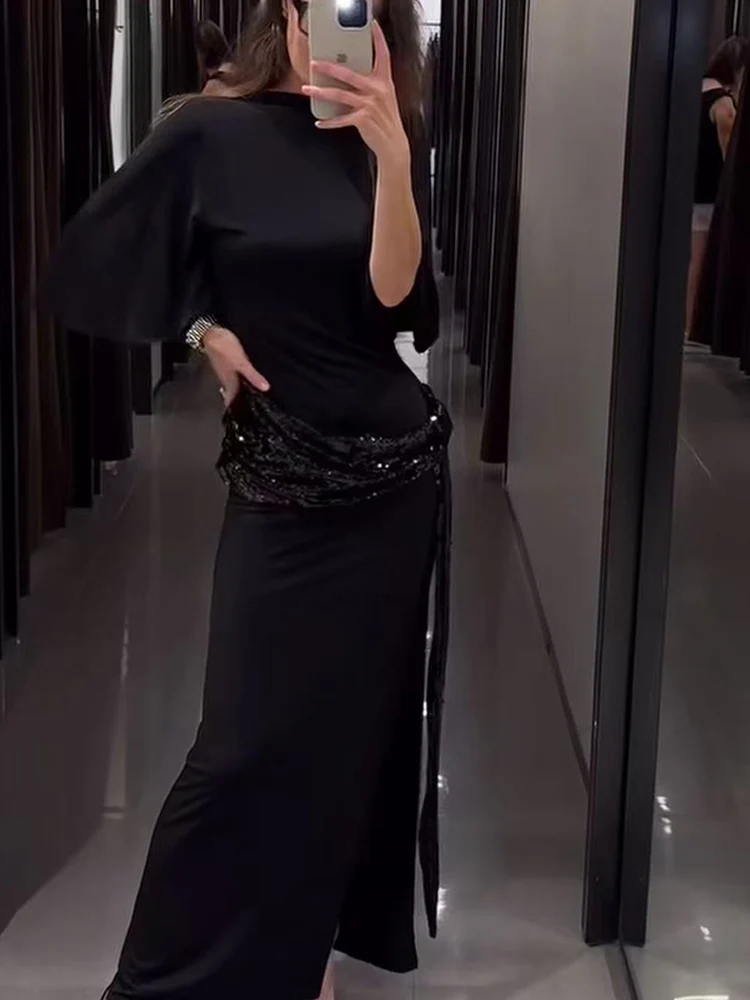 Sexy Women Sequin Backless Dress Chic Short Sleeve Solid Slim Fit Waist Cinching Maxi Dresses Female Evening Party Gowns